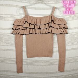 Forever 21 Ruffle Off Shoulder Sweater Pink Beige Ribbed Knit Size XL
